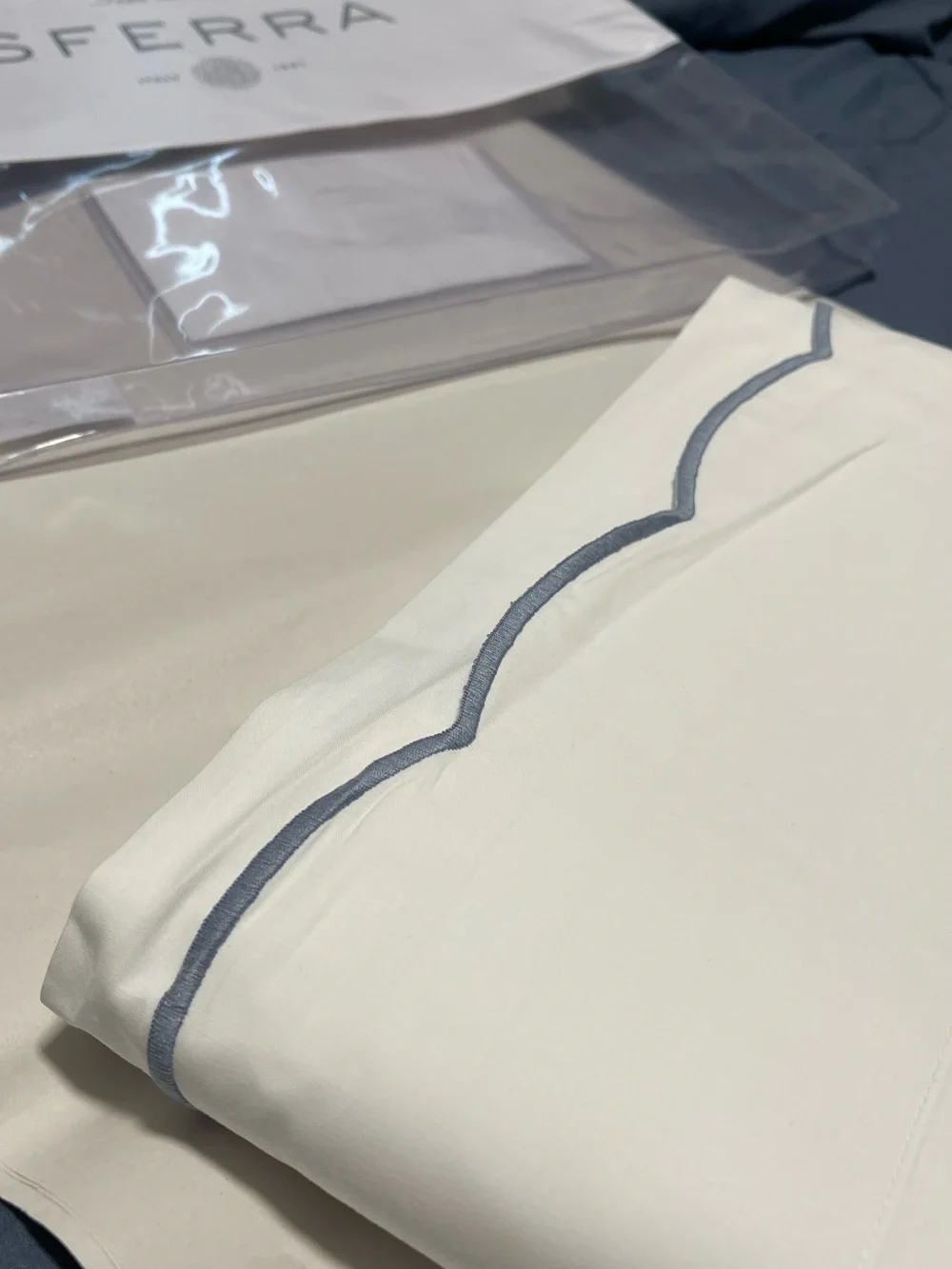Sferra Limana Full/Queen Flat Sheet Long Staple Cotton Percale 96x114” White/Sea